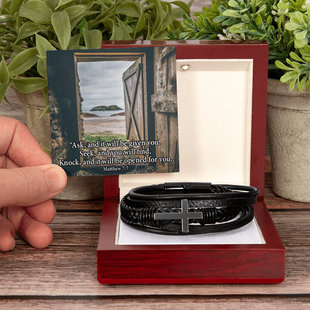 Ask & You Shall Receive Matthew 7:7 Men's Stainless Steel & Vegan Leather Cross Bracelet - Vegan Leather with Stainless Steel-Express Your Love Gifts