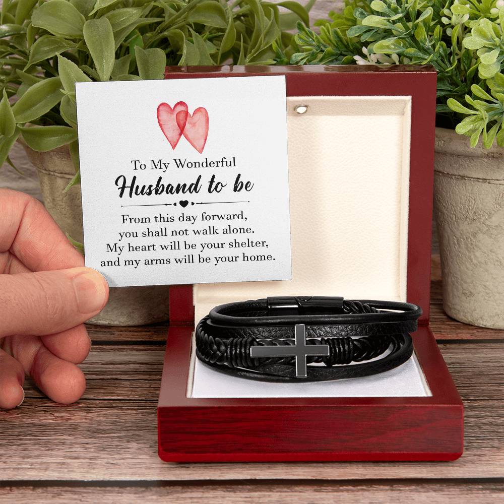 To My Wonderful Husband To Be Men's Cross Bracelet - Vegan Leather with Stainless Steel-Express Your Love Gifts