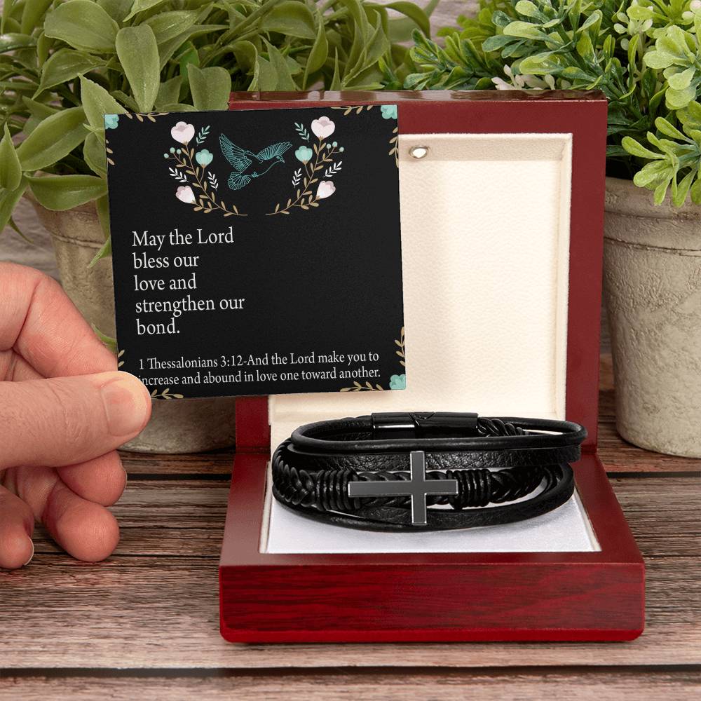 Lord Bless Our Love 1 Thessalonians 3:12 Men's Stainless Steel & Vegan Leather Cross Bracelet - Vegan Leather with Stainless Steel-Express Your Love Gifts