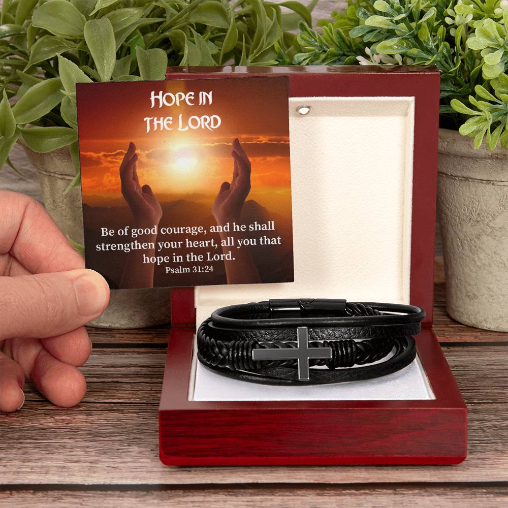 Hope in The Lord Psalm 31:24 Men's Stainless Steel & Vegan Leather Cross Bracelet - Vegan Leather with Stainless Steel-Express Your Love Gifts