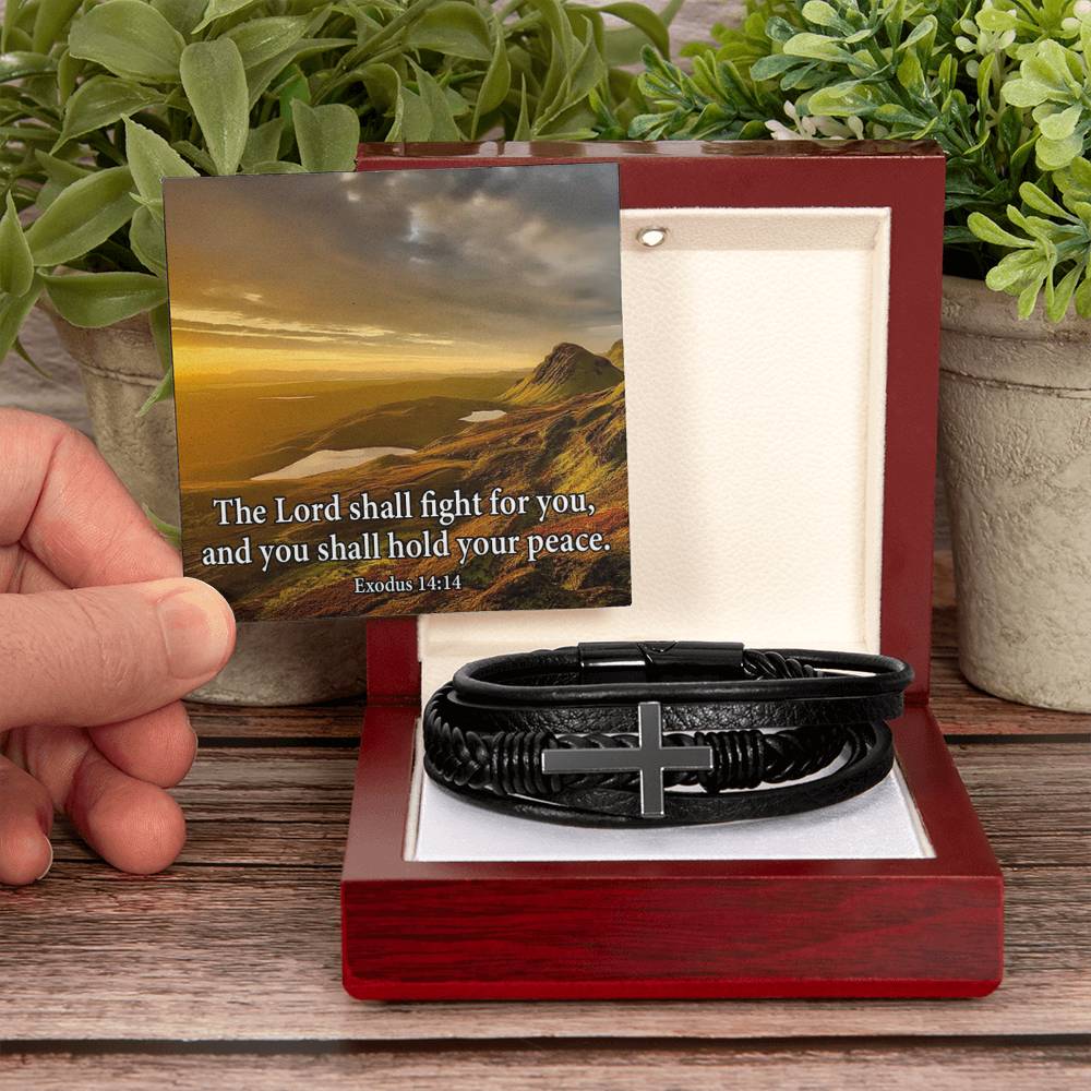 The Lord Shall Fight For You Exodus 14:14 Men's Stainless Steel & Vegan Leather Cross Bracelet - Vegan Leather with Stainless Steel-Express Your Love Gifts