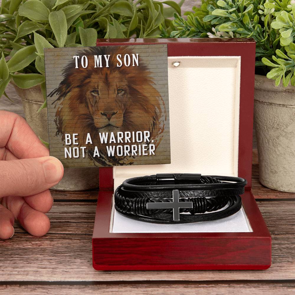 Be a Warrior Not a Worrier Men's Cross Bracelet - Vegan Leather with Stainless Steel-Express Your Love Gifts