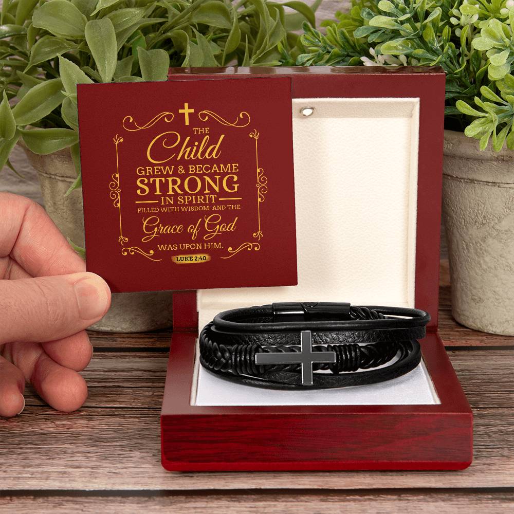 Grace of God Luke 2:40 Men's Stainless Steel & Vegan Leather Cross Bracelet - Vegan Leather with Stainless Steel-Express Your Love Gifts