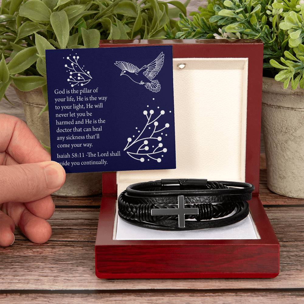Get Well Isaiah 58:11 Men's Stainless Steel & Vegan Leather Cross Bracelet - Vegan Leather with Stainless Steel-Express Your Love Gifts
