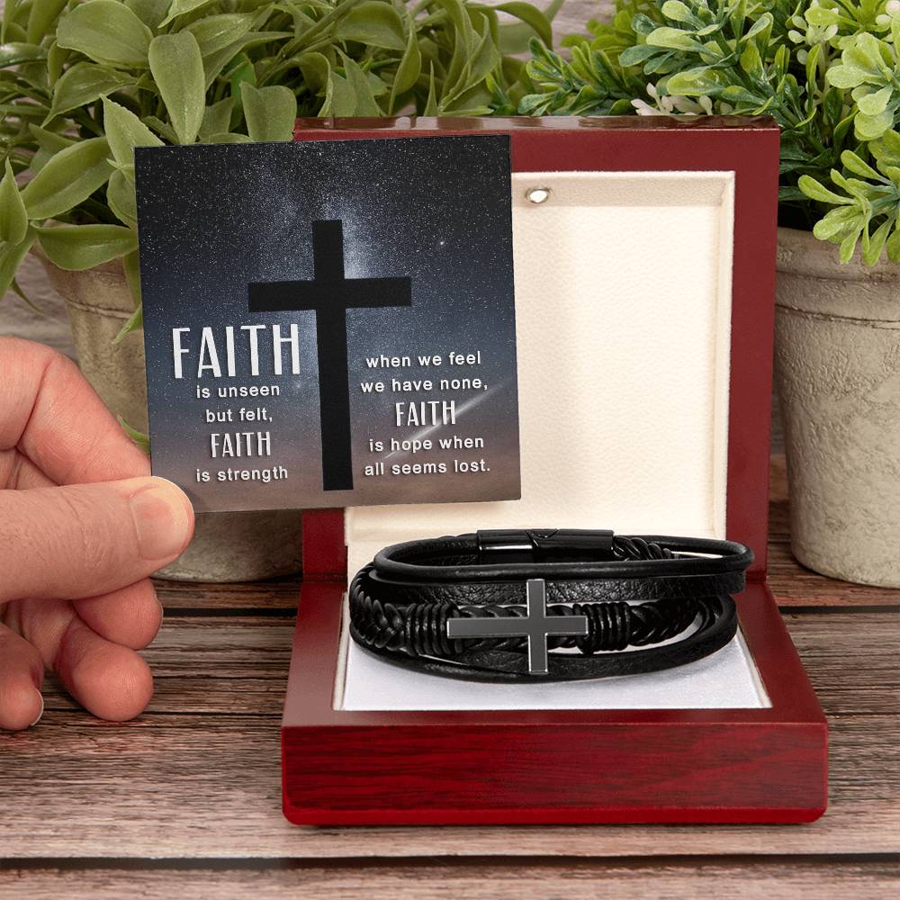 Faith is Unseen But Felt Men's Stainless Steel & Vegan Leather Cross Bracelet - Vegan Leather with Stainless Steel-Express Your Love Gifts