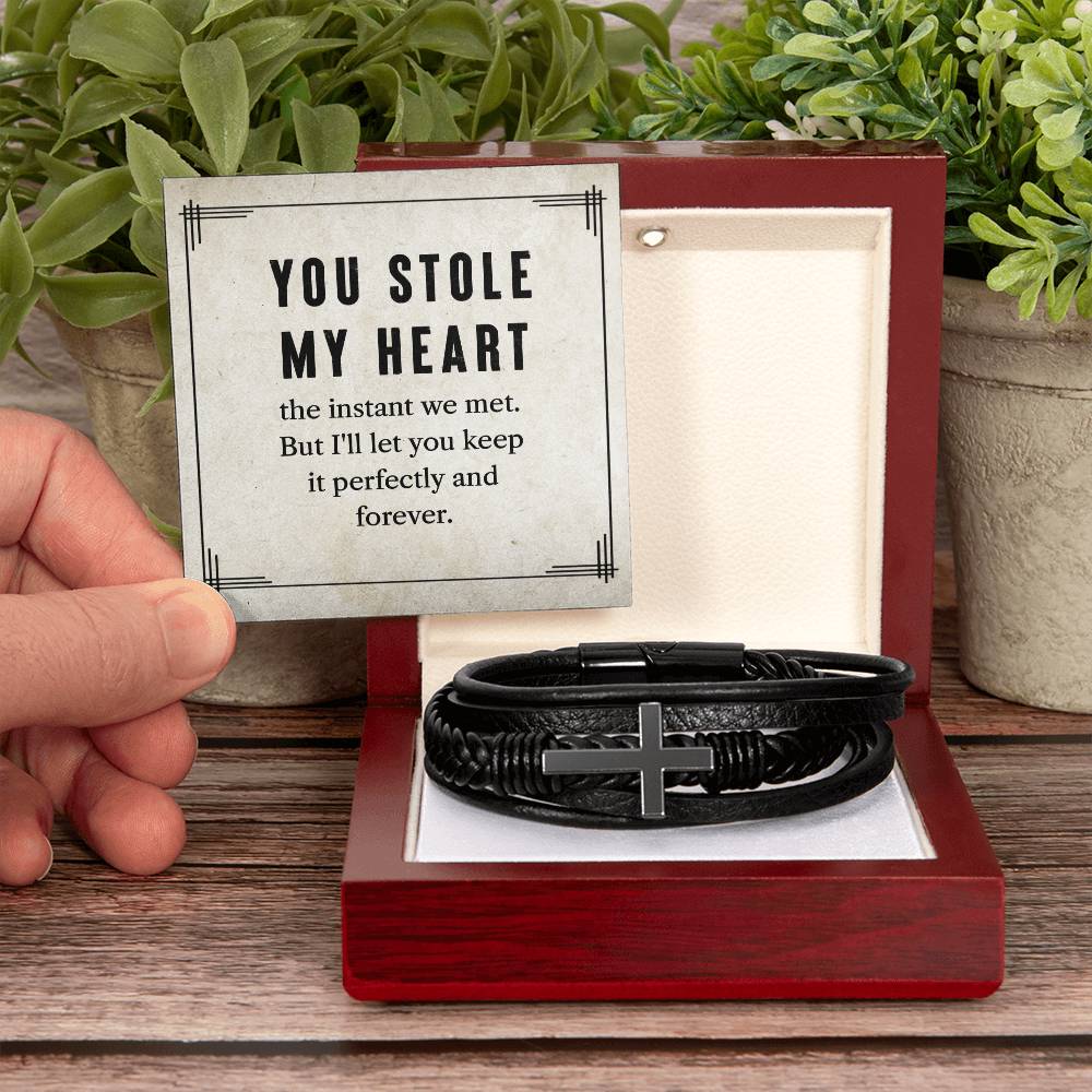 My To Man You Stole My Heart Men's Cross Bracelet - Vegan Leather with Stainless Steel-Express Your Love Gifts