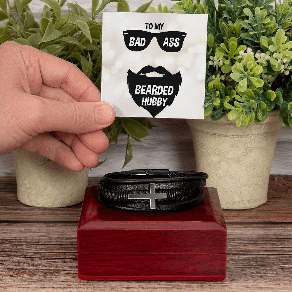 To My Badass Bearded Hubby Men's Cross Bracelet - Vegan Leather with Stainless Steel-Express Your Love Gifts