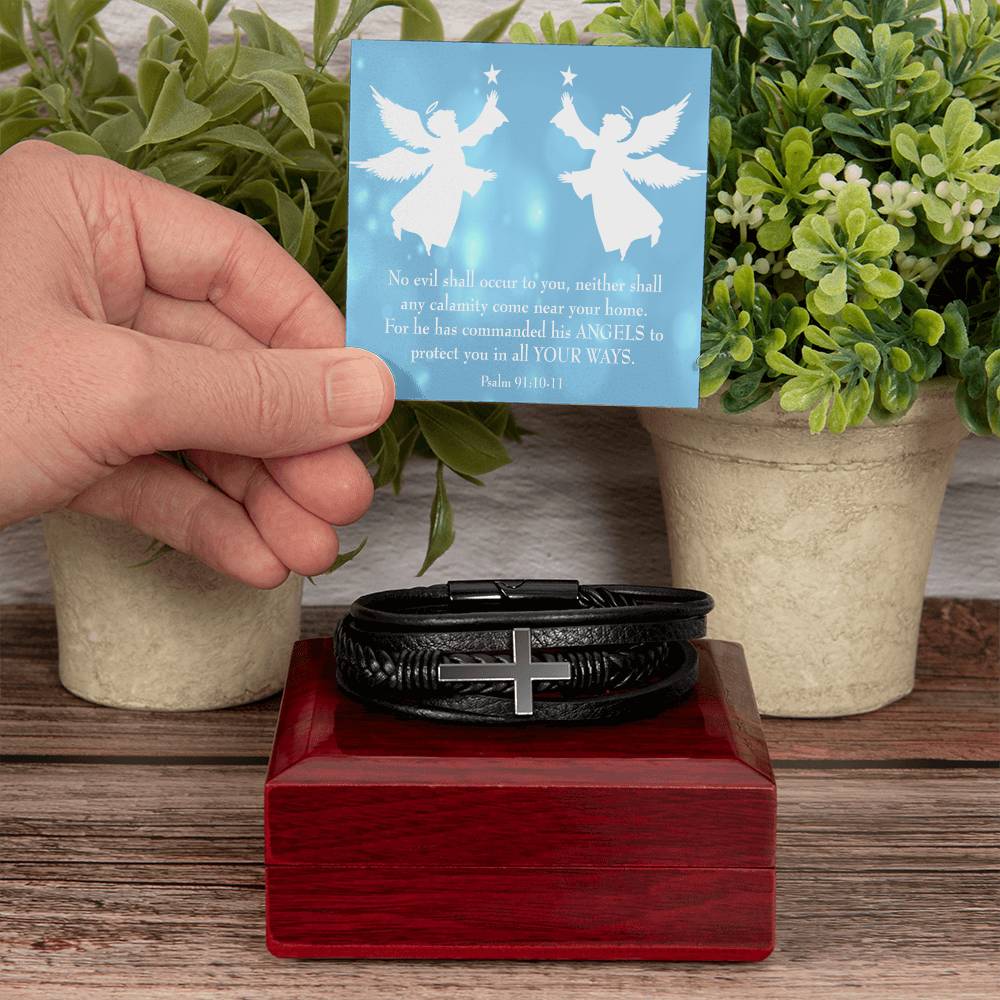 Psalm 91 Blue Men's Stainless Steel & Vegan Leather Cross Bracelet - Vegan Leather with Stainless Steel-Express Your Love Gifts