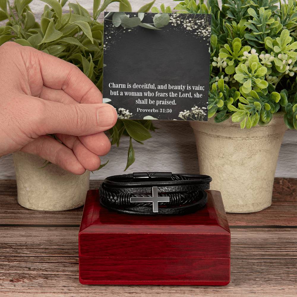Fear the Lord Proverbs 31:30 Men's Stainless Steel & Vegan Leather Cross Bracelet - Vegan Leather with Stainless Steel-Express Your Love Gifts