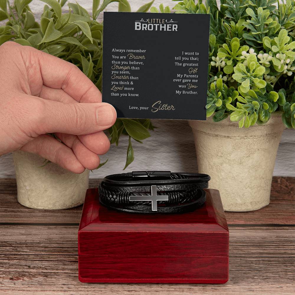 To My Little Brother Love Your Lord With All Your Strength Men's Cross Bracelet - Vegan Leather with Stainless Steel-Express Your Love Gifts
