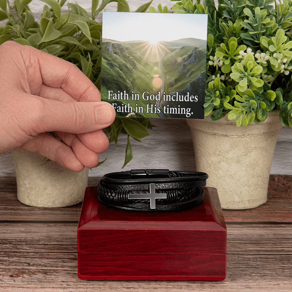Faith in God's Timing Men's Stainless Steel & Vegan Leather Cross Bracelet - Vegan Leather with Stainless Steel-Express Your Love Gifts