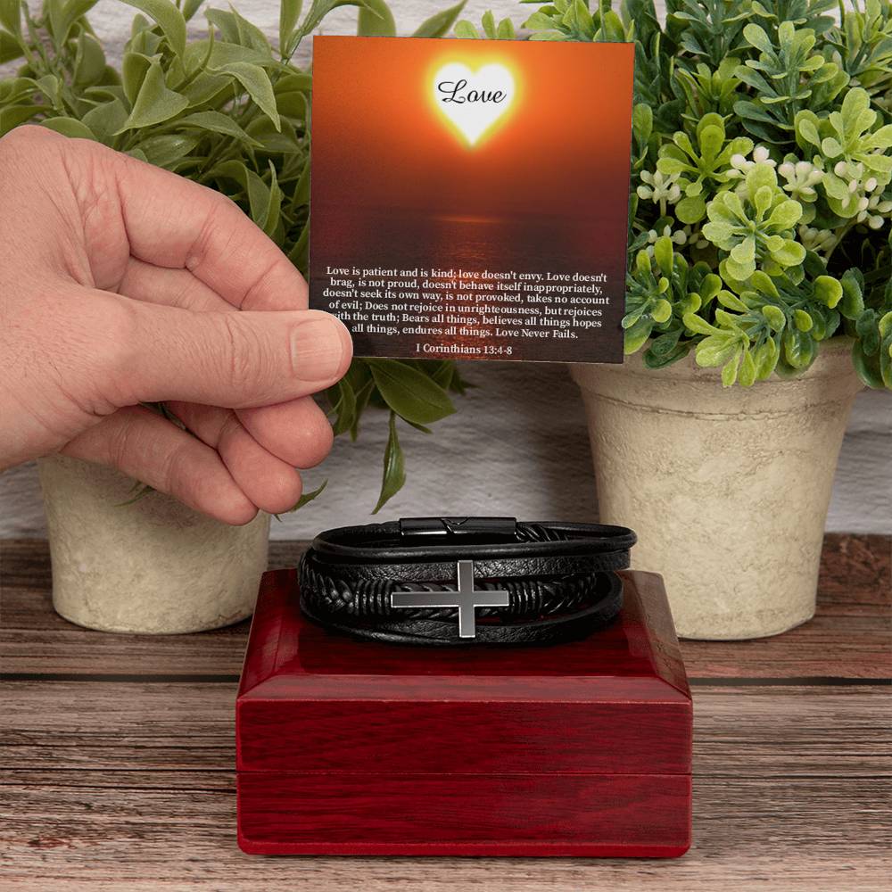 Love Message 1 Corinthians 13:4-8 Men's Stainless Steel & Vegan Leather Cross Bracelet - Vegan Leather with Stainless Steel-Express Your Love Gifts