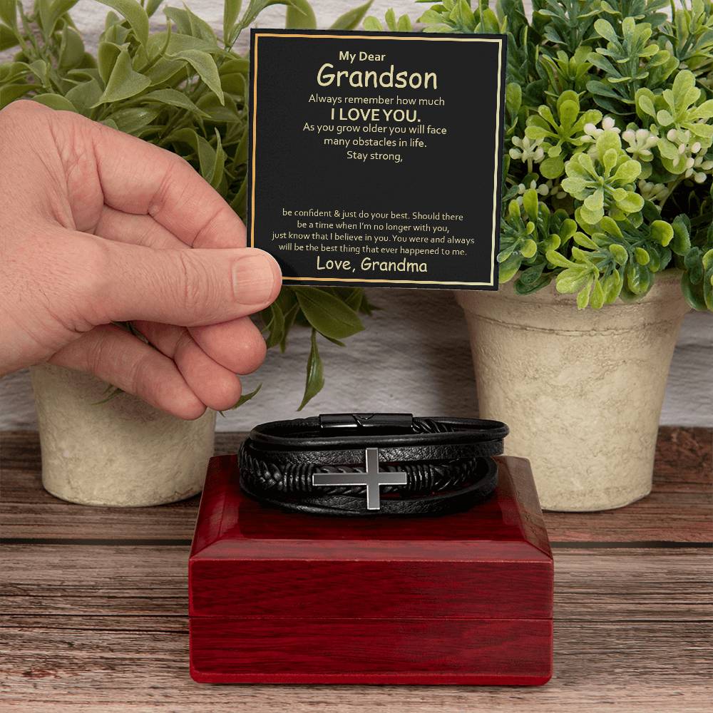 To My Grandson Always Remember How Much I Love You Men's Cross Bracelet - Vegan Leather with Stainless Steel-Express Your Love Gifts