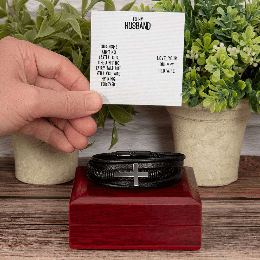 To My Husband Our Home Ain't No Castle Men's Cross Bracelet - Vegan Leather with Stainless Steel-Express Your Love Gifts