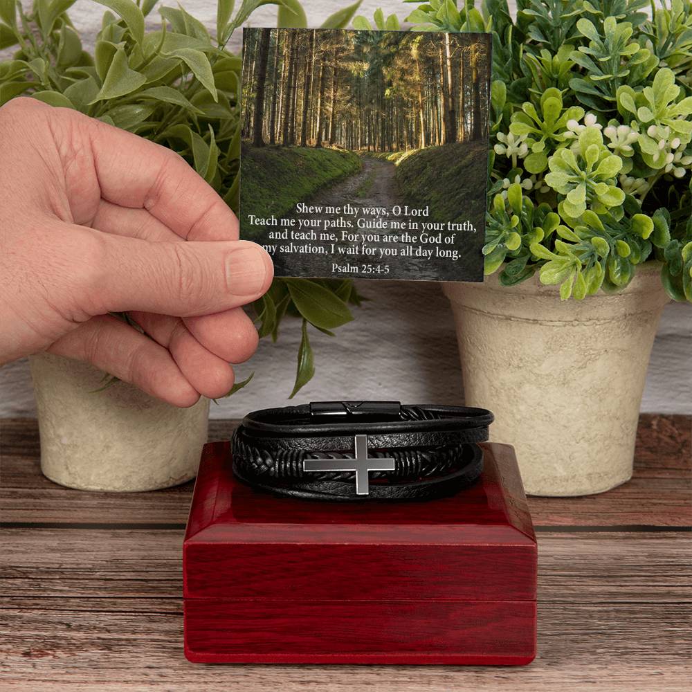 Guide & Teach Me lord in Psalm 25:4-5 Men's Stainless Steel & Vegan Leather Cross Bracelet - Vegan Leather with Stainless Steel-Express Your Love Gifts
