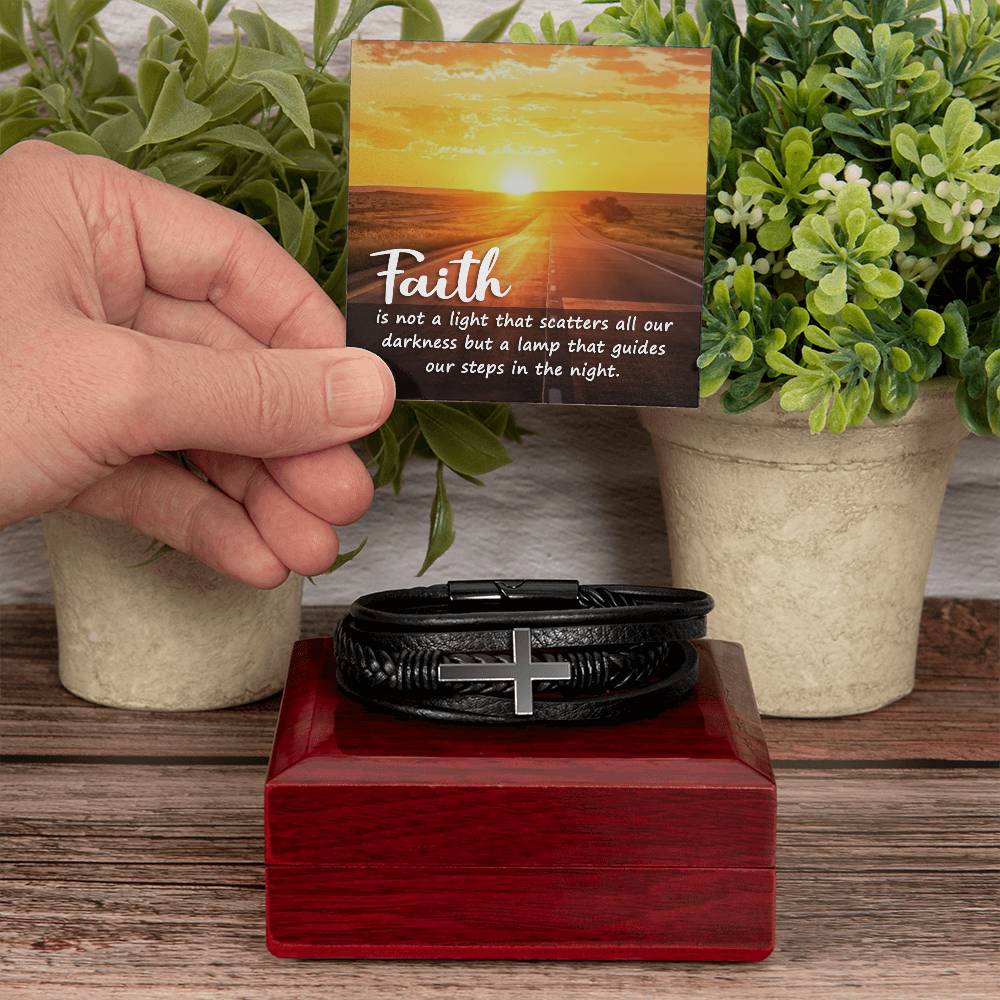 Faith is Not a Light Men's Stainless Steel & Vegan Leather Cross Bracelet - Vegan Leather with Stainless Steel-Express Your Love Gifts