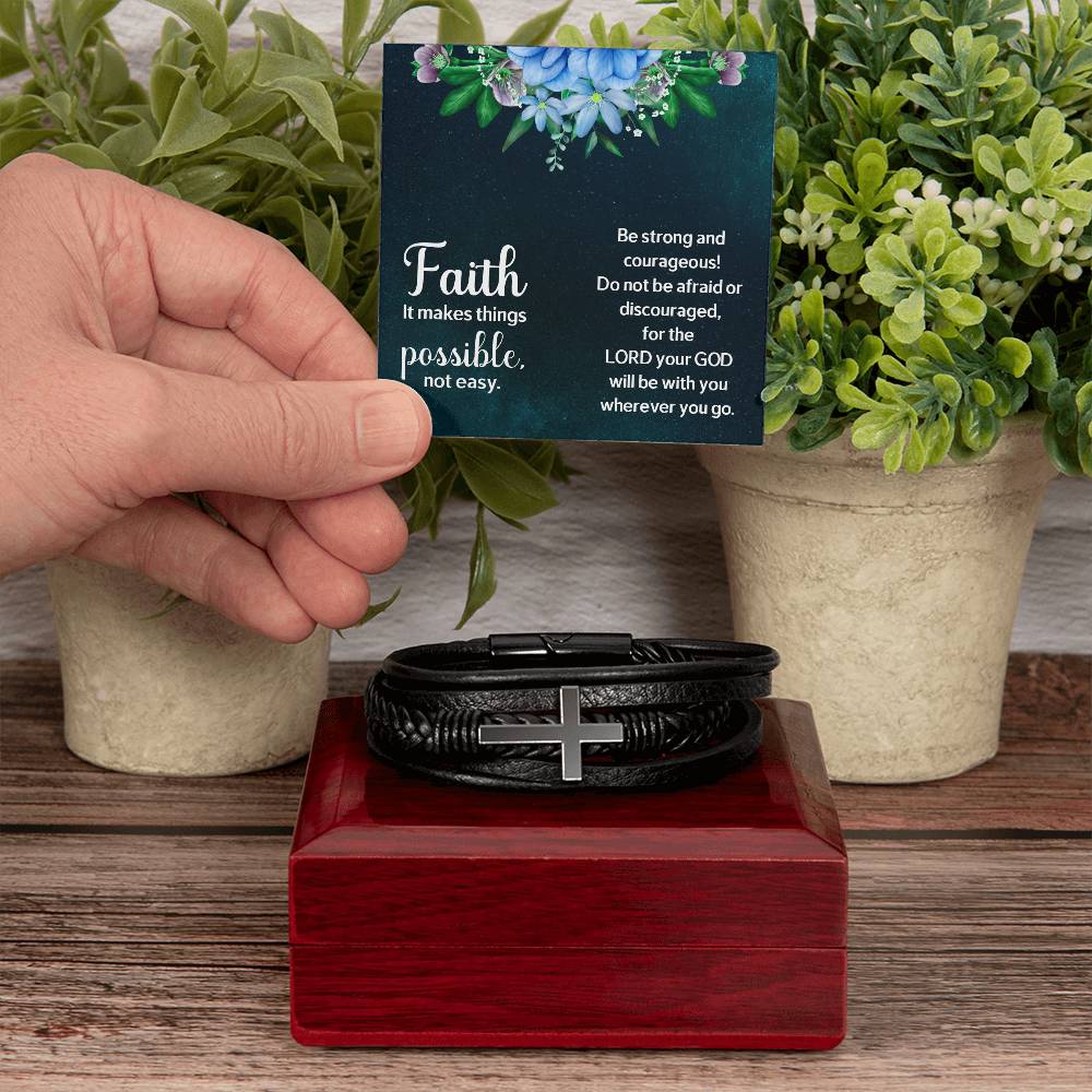 Faith Makes Things Possible Men's Stainless Steel & Vegan Leather Cross Bracelet - Vegan Leather with Stainless Steel-Express Your Love Gifts
