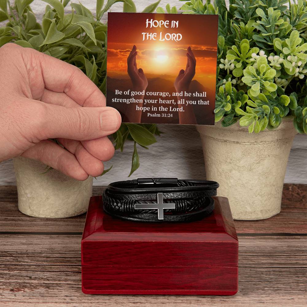Hope in The Lord Psalm 31:24 Men's Stainless Steel & Vegan Leather Cross Bracelet - Vegan Leather with Stainless Steel-Express Your Love Gifts