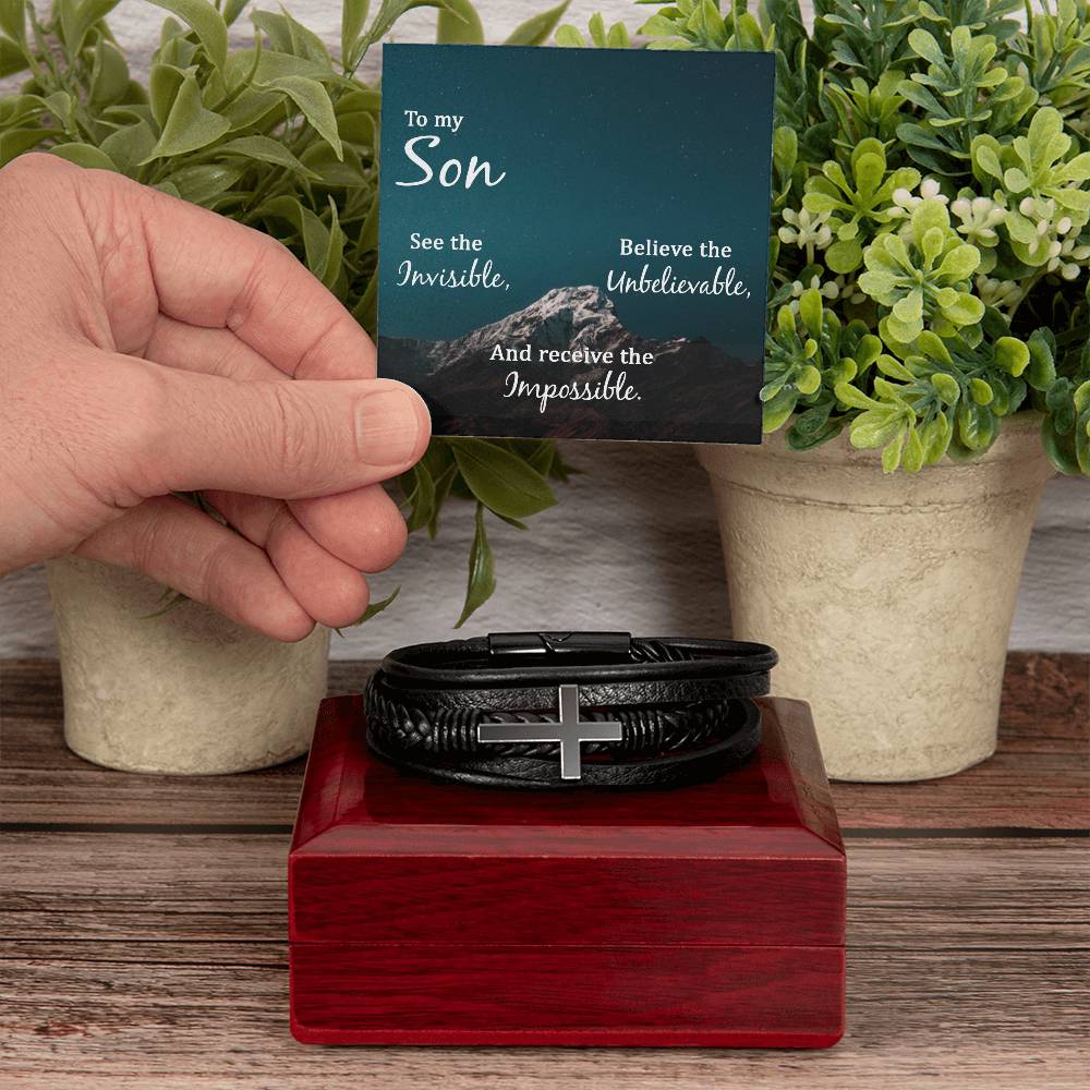 See the Invisible Men's Stainless Steel & Vegan Leather Cross Bracelet - Vegan Leather with Stainless Steel-Express Your Love Gifts