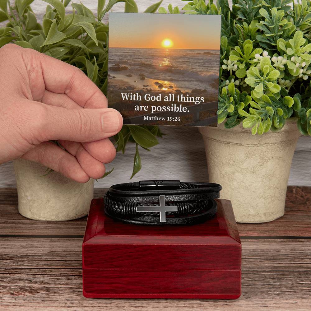 With God All Things are Possible Matthew 19:26 Men's Stainless Steel & Vegan Leather Cross Bracelet - Vegan Leather with Stainless Steel-Express Your Love Gifts