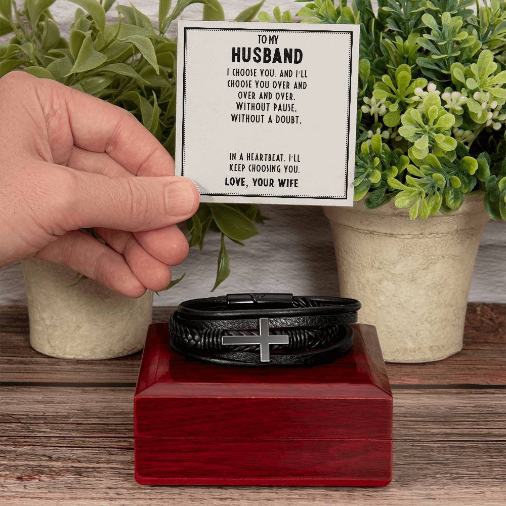 To My Husband I Choose You Men's Cross Bracelet - Vegan Leather with Stainless Steel-Express Your Love Gifts