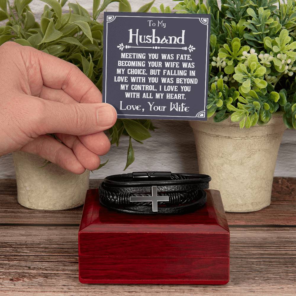 To My Husband Meeting You Was Fate Men's Cross Bracelet - Vegan Leather with Stainless Steel-Express Your Love Gifts
