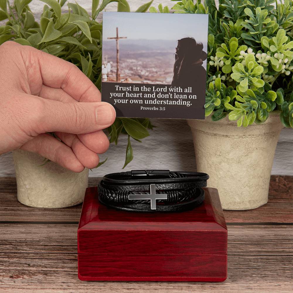 Trust Proverbs 3:5 Men's Stainless Steel & Vegan Leather Cross Bracelet - Vegan Leather with Stainless Steel-Express Your Love Gifts