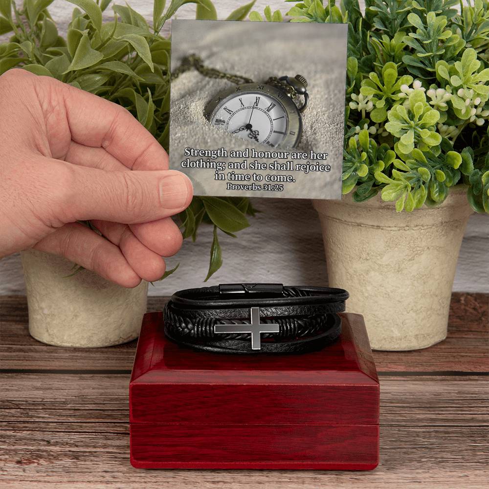 Her Strength Proverbs 31:25 Men's Stainless Steel & Vegan Leather Cross Bracelet - Vegan Leather with Stainless Steel-Express Your Love Gifts