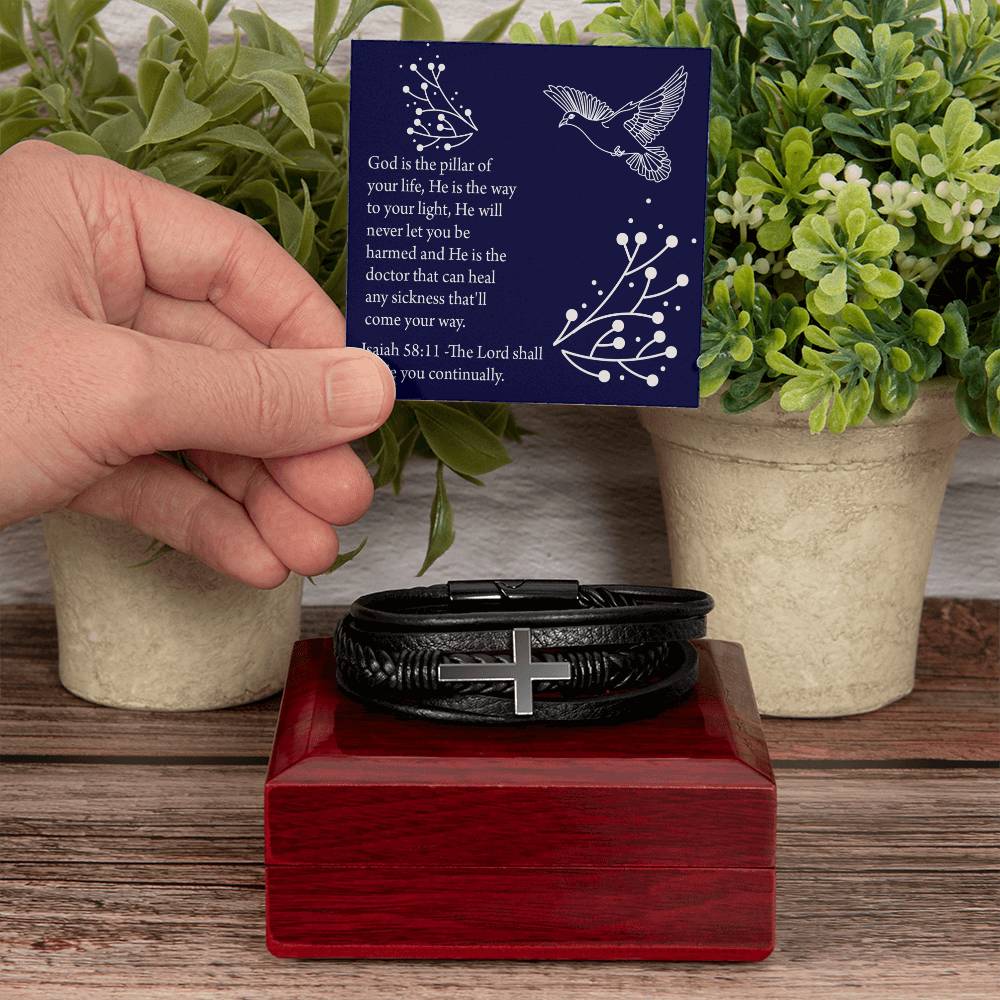 Get Well Isaiah 58:11 Men's Stainless Steel & Vegan Leather Cross Bracelet - Vegan Leather with Stainless Steel-Express Your Love Gifts