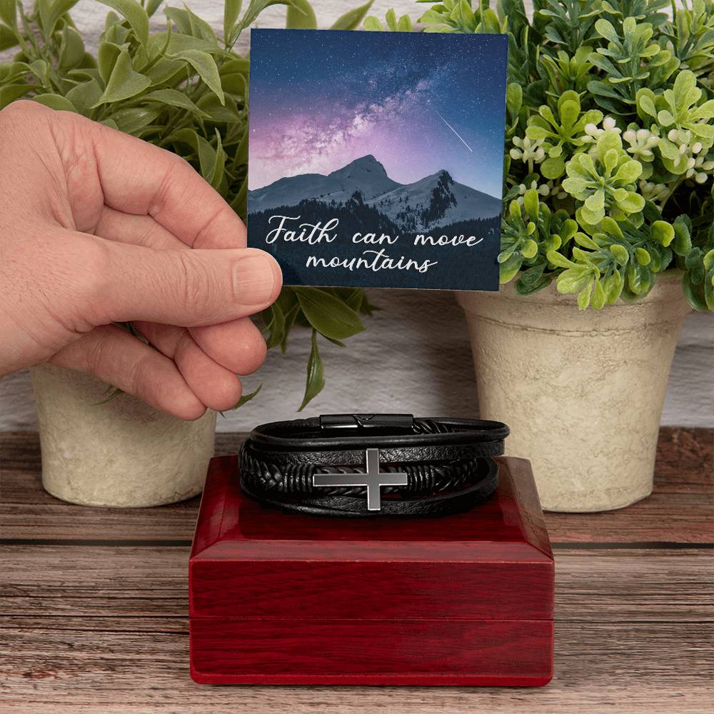Faith Can Move Mountains Men's Stainless Steel & Vegan Leather Cross Bracelet - Vegan Leather with Stainless Steel-Express Your Love Gifts