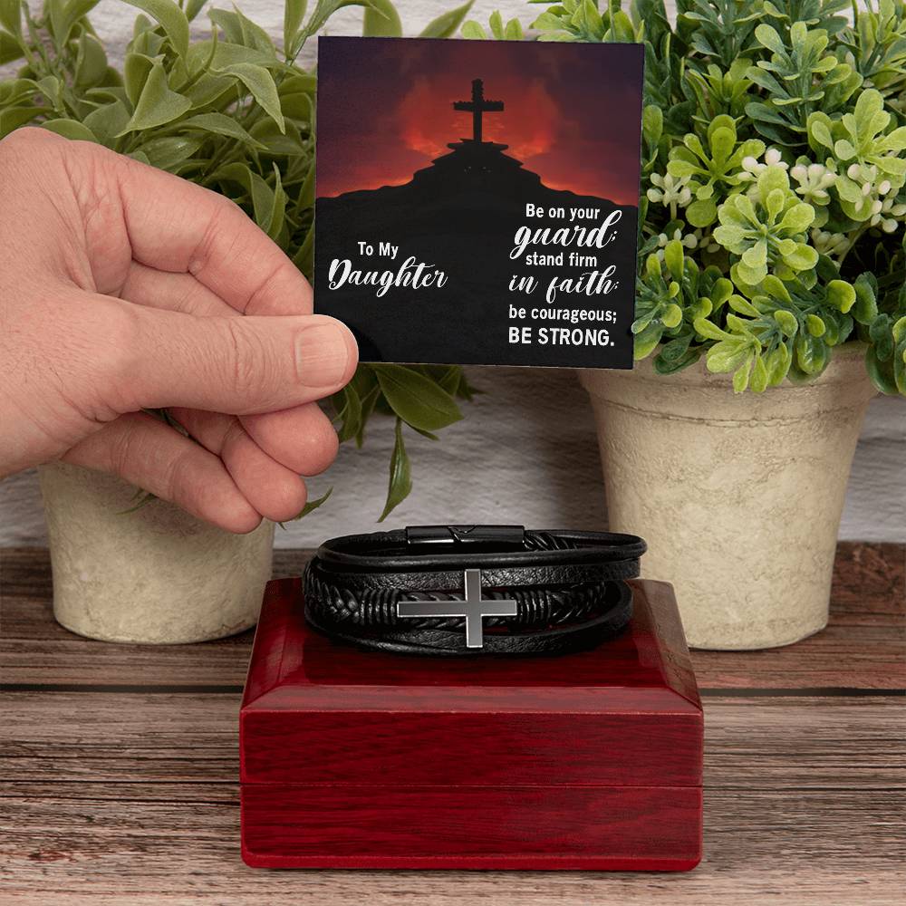 Stand Firm in Faith Joshua 1:9 Men's Stainless Steel & Vegan Leather Cross Bracelet - Vegan Leather with Stainless Steel-Express Your Love Gifts