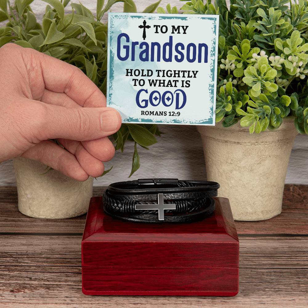To My Grandson Hold Tightly Men's Cross Bracelet - Vegan Leather with Stainless Steel-Express Your Love Gifts