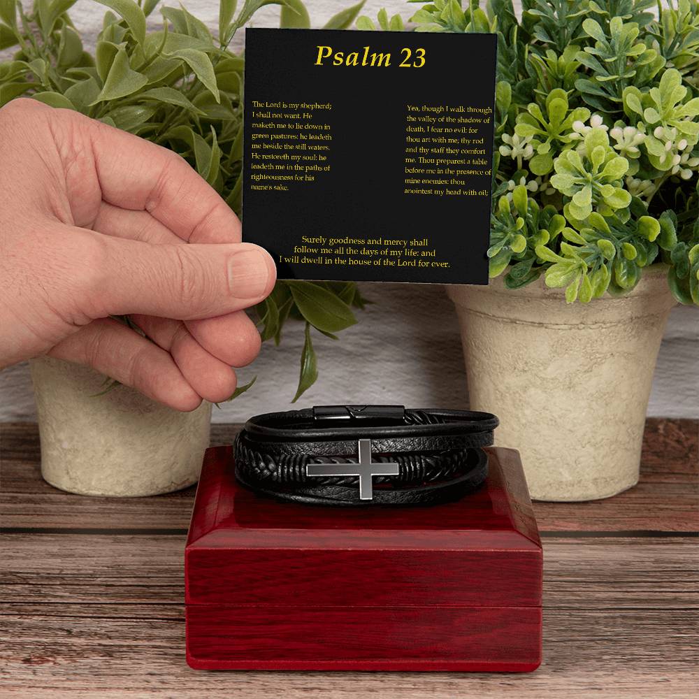 Lord is my Shepherd Psalm 23:2 Men's Stainless Steel & Vegan Leather Cross Bracelet - Vegan Leather with Stainless Steel-Express Your Love Gifts