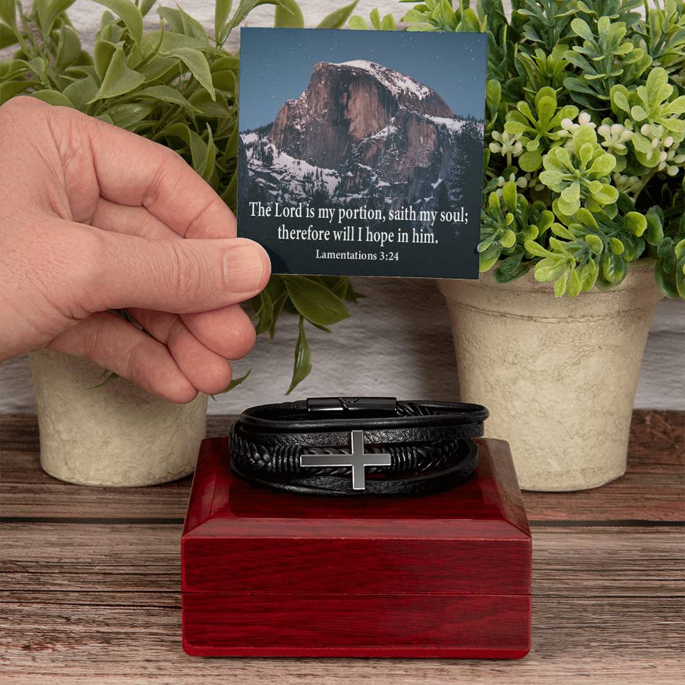 Hope in Him Lamentations 32:4 Men's Stainless Steel & Vegan Leather Cross Bracelet - Vegan Leather with Stainless Steel-Express Your Love Gifts