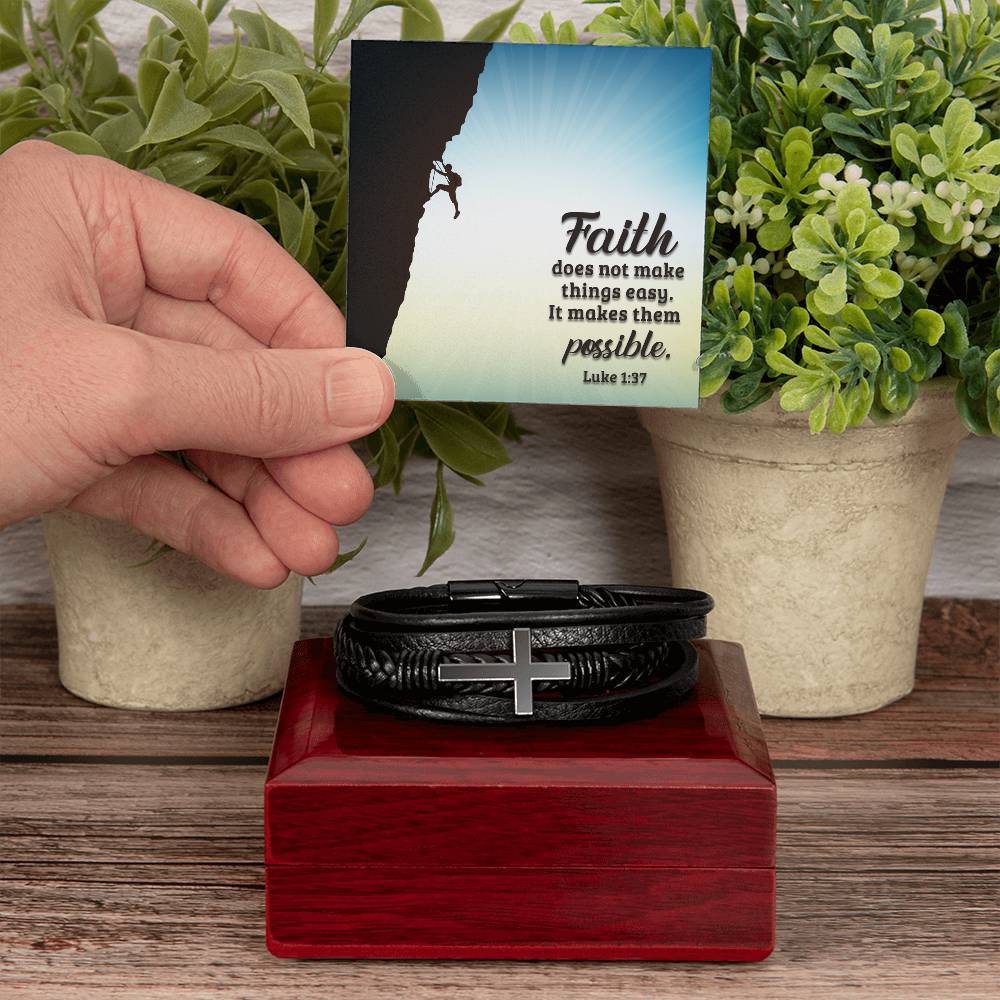 Faith Does Not Make Things Easy Men's Stainless Steel & Vegan Leather Cross Bracelet - Vegan Leather with Stainless Steel-Express Your Love Gifts