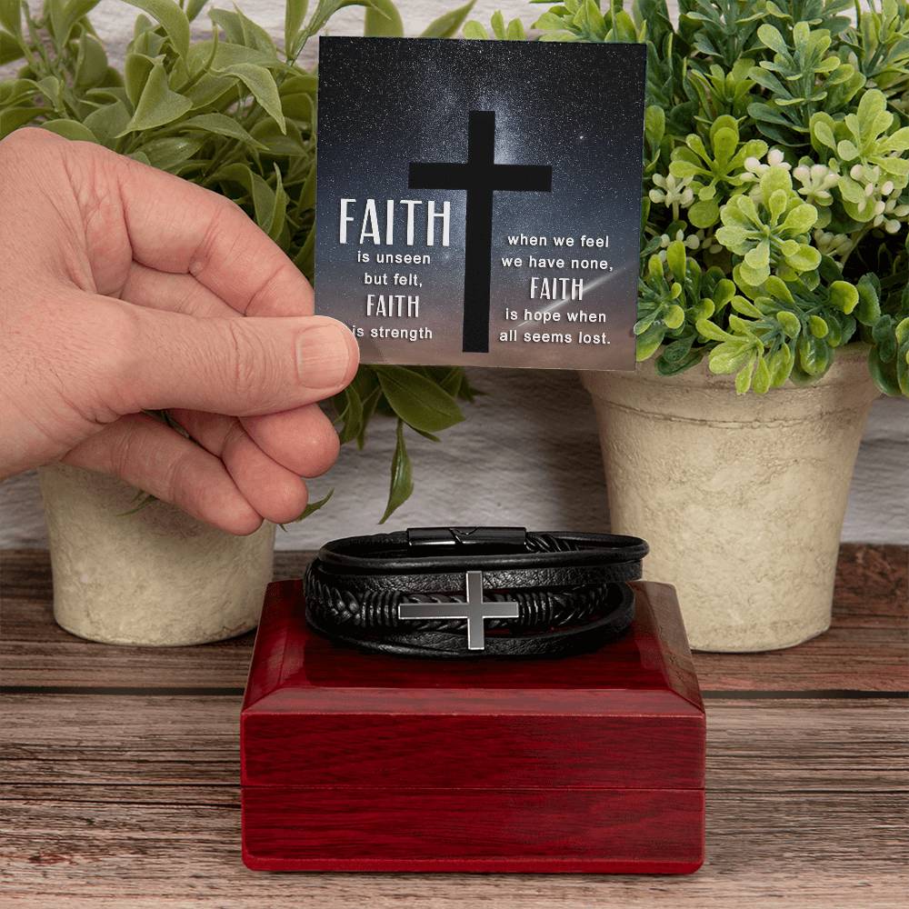 Faith is Unseen But Felt Men's Stainless Steel & Vegan Leather Cross Bracelet - Vegan Leather with Stainless Steel-Express Your Love Gifts