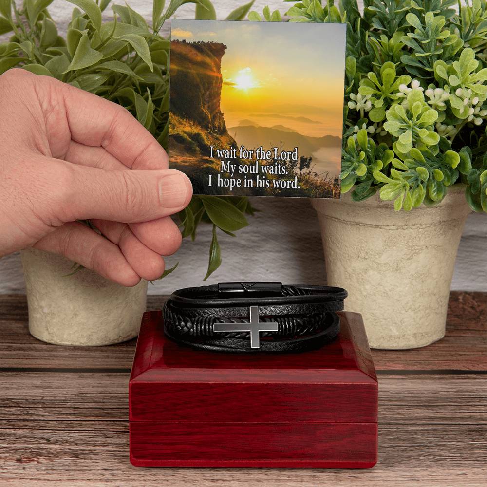 Hope in God Psalm130:5 Men's Stainless Steel & Vegan Leather Cross Bracelet - Vegan Leather with Stainless Steel-Express Your Love Gifts