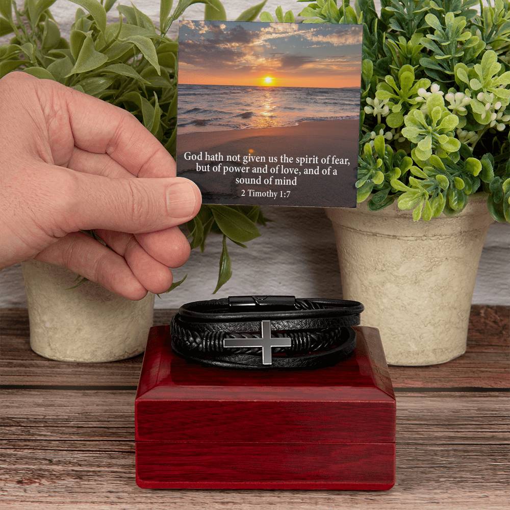 No Fear 2 Timothy 1:7 Men's Stainless Steel & Vegan Leather Cross Bracelet - Vegan Leather with Stainless Steel-Express Your Love Gifts