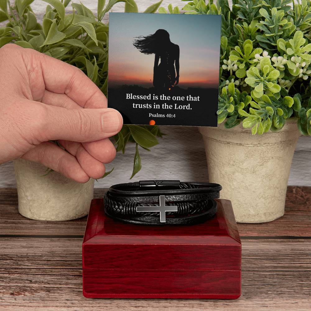 His Trust Psalm 40:4 Men's Stainless Steel & Vegan Leather Cross Bracelet - Vegan Leather with Stainless Steel-Express Your Love Gifts
