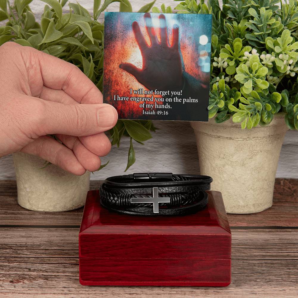 I Will Not Forget You Isaiah 49:16 Men's Stainless Steel & Vegan Leather Cross Bracelet - Vegan Leather with Stainless Steel-Express Your Love Gifts