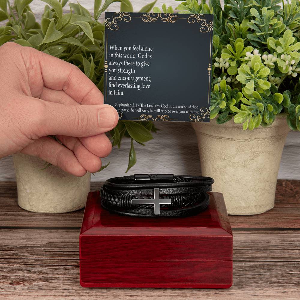 Care & Concern Zephaniah 3:17 Men's Stainless Steel & Vegan Leather Cross Bracelet - Vegan Leather with Stainless Steel-Express Your Love Gifts