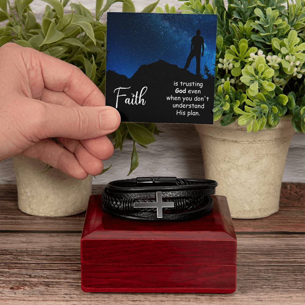 Faith is Trusting God Even When You Don't Men's Stainless Steel & Vegan Leather Cross Bracelet - Vegan Leather with Stainless Steel-Express Your Love Gifts