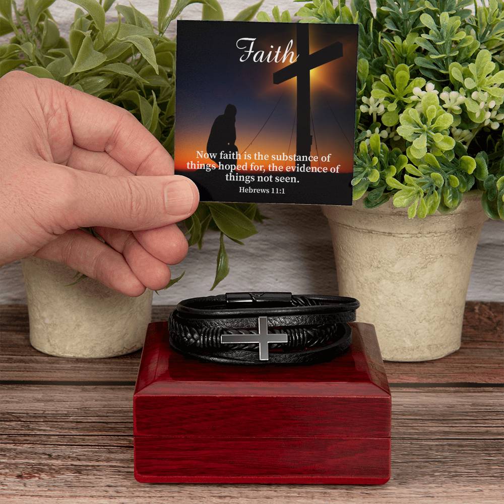Faith Hebrews 11:1 Men's Stainless Steel & Vegan Leather Cross Bracelet - Vegan Leather with Stainless Steel-Express Your Love Gifts