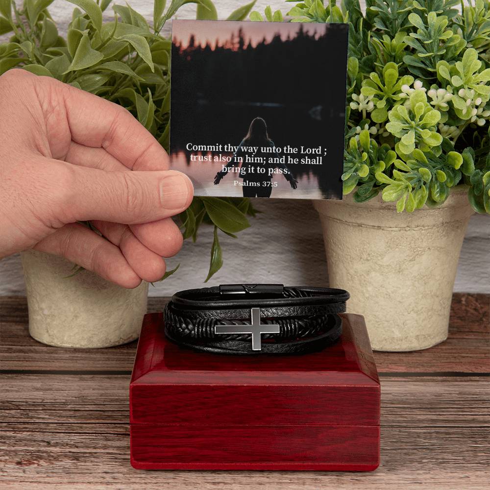 Commit Psalm 37:5 Men's Stainless Steel & Vegan Leather Cross Bracelet - Vegan Leather with Stainless Steel-Express Your Love Gifts