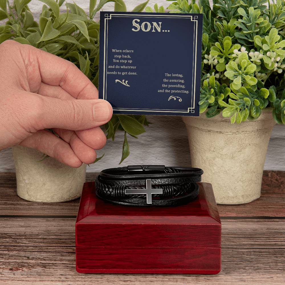 To My Son When Others Step Back Men's Cross Bracelet - Vegan Leather with Stainless Steel-Express Your Love Gifts