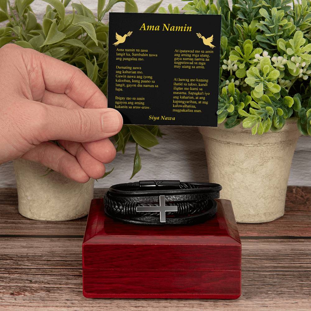 Lords Prayer Tagalog Ama Namin Men's Stainless Steel & Vegan Leather Cross Bracelet - Vegan Leather with Stainless Steel-Express Your Love Gifts