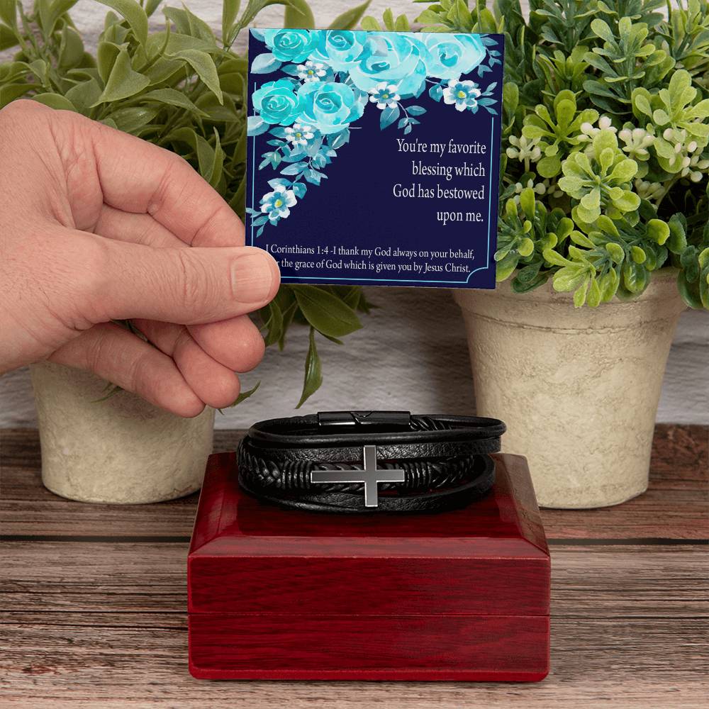 Thinking of You 1 Corinthians 1:4 Men's Stainless Steel & Vegan Leather Cross Bracelet - Vegan Leather with Stainless Steel-Express Your Love Gifts