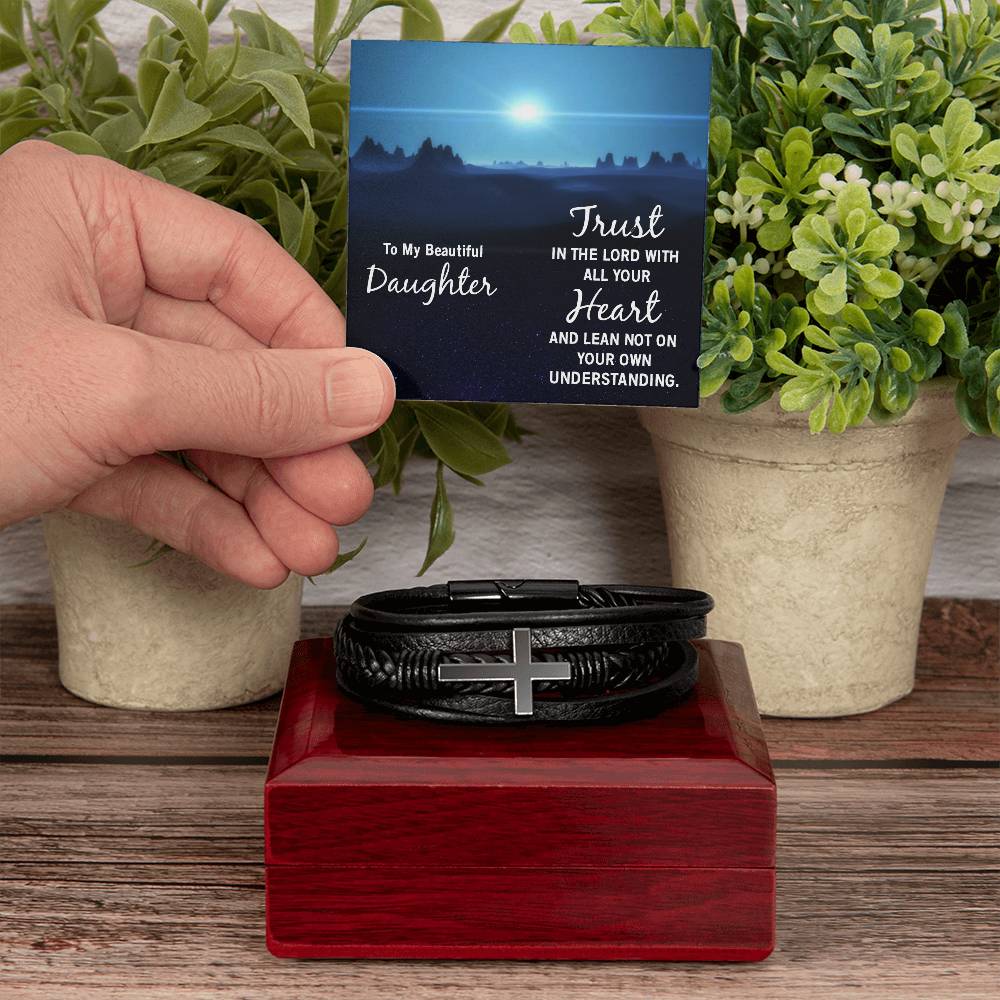 Trust in The Lord Proverbs 3:5-6 Men's Stainless Steel & Vegan Leather Cross Bracelet - Vegan Leather with Stainless Steel-Express Your Love Gifts