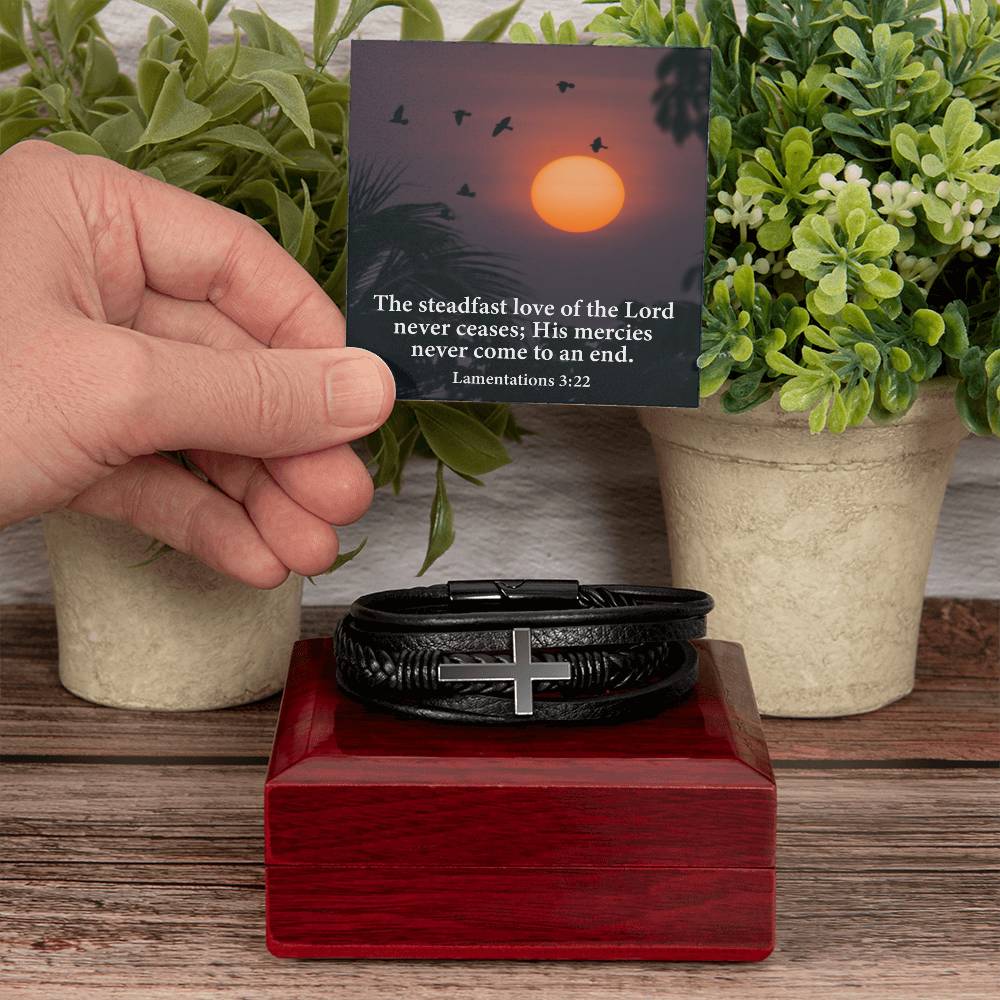 Love of Lord Never Ends Lamentations 3:22 Men's Stainless Steel & Vegan Leather Cross Bracelet - Vegan Leather with Stainless Steel-Express Your Love Gifts