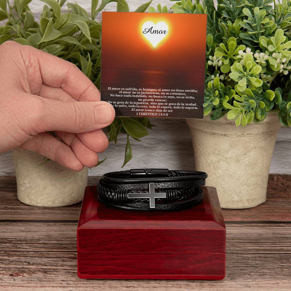 Amor Spanish Corintos 13:4-8 Men's Stainless Steel & Vegan Leather Cross Bracelet - Vegan Leather with Stainless Steel-Express Your Love Gifts
